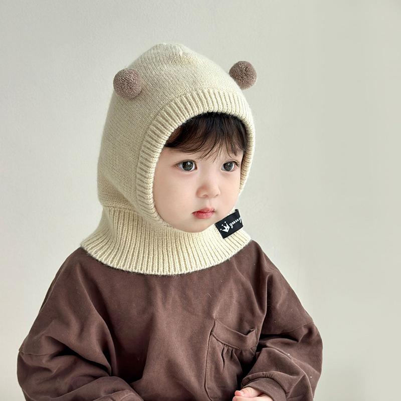 2Pcs Cute Baby Balaclava Hat Winter Warm Toddler Ear Protection Cap Scarf Cartoon Pompom Kids Boys Girls Knit One-piece Beanies