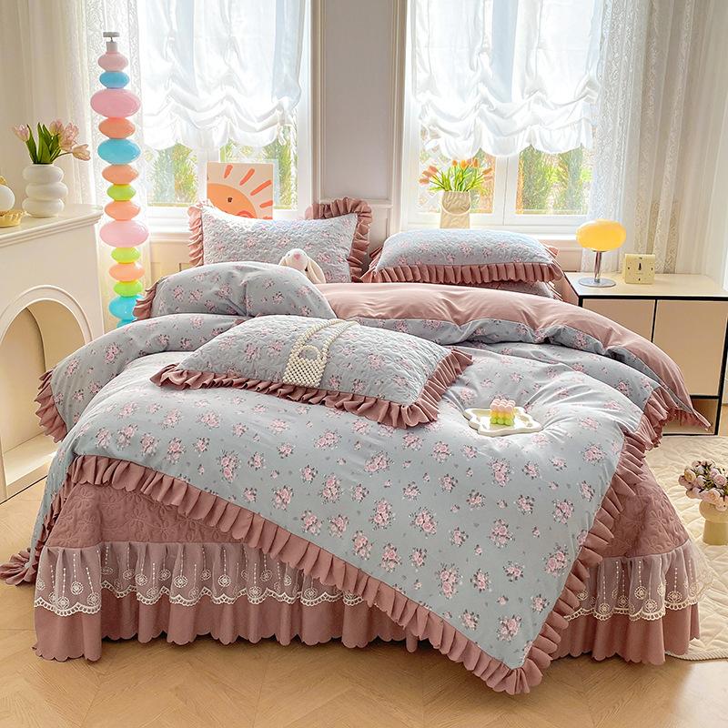 Pure Cotton Double-layer Yarn Quilt Cover Bed Skirt Lace Single-piece Three-piece Four-piece Set Four-season Universal Bed Sheet Quilt Cover