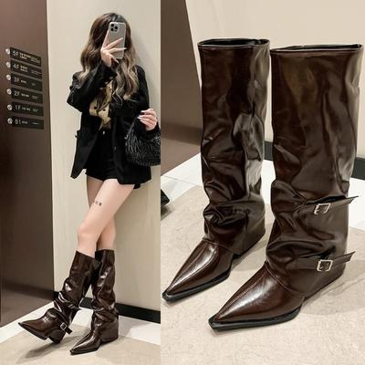 Fashion Trouser Leg Chunky Heel Long Boots Women European and American Hot Girls High Pointed Toe Black Trouser Leg Boots