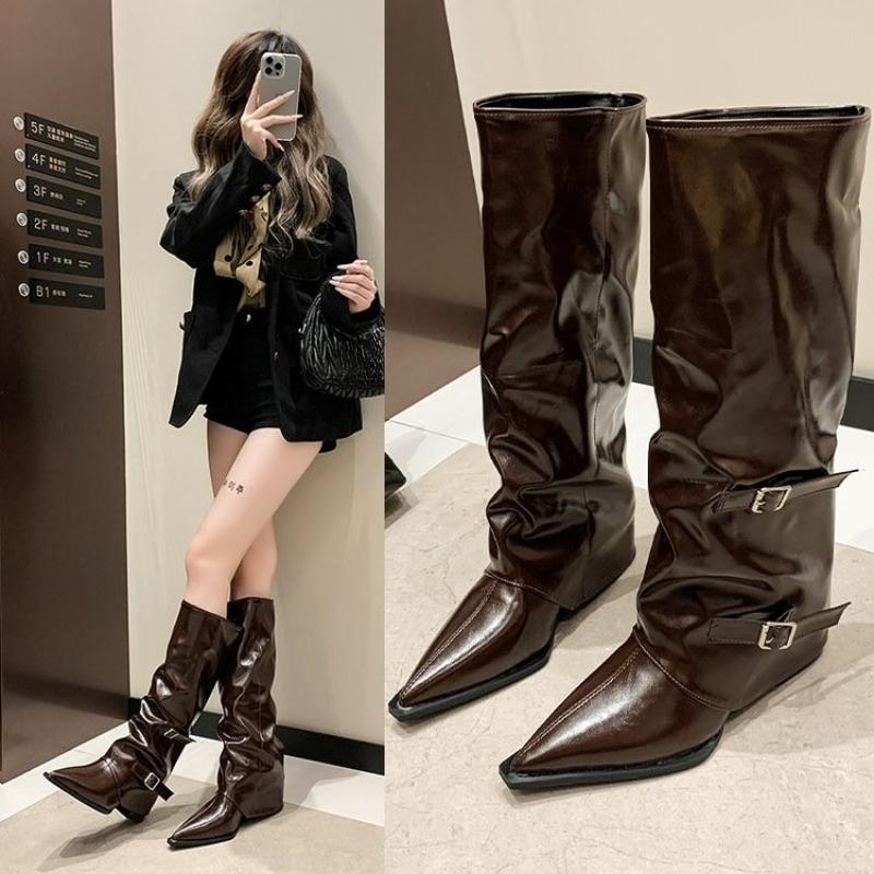 

Fashion Trouser Leg Chunky Heel Long Boots Women European and American Hot Girls High Pointed Toe Black Trouser Leg Boots 42