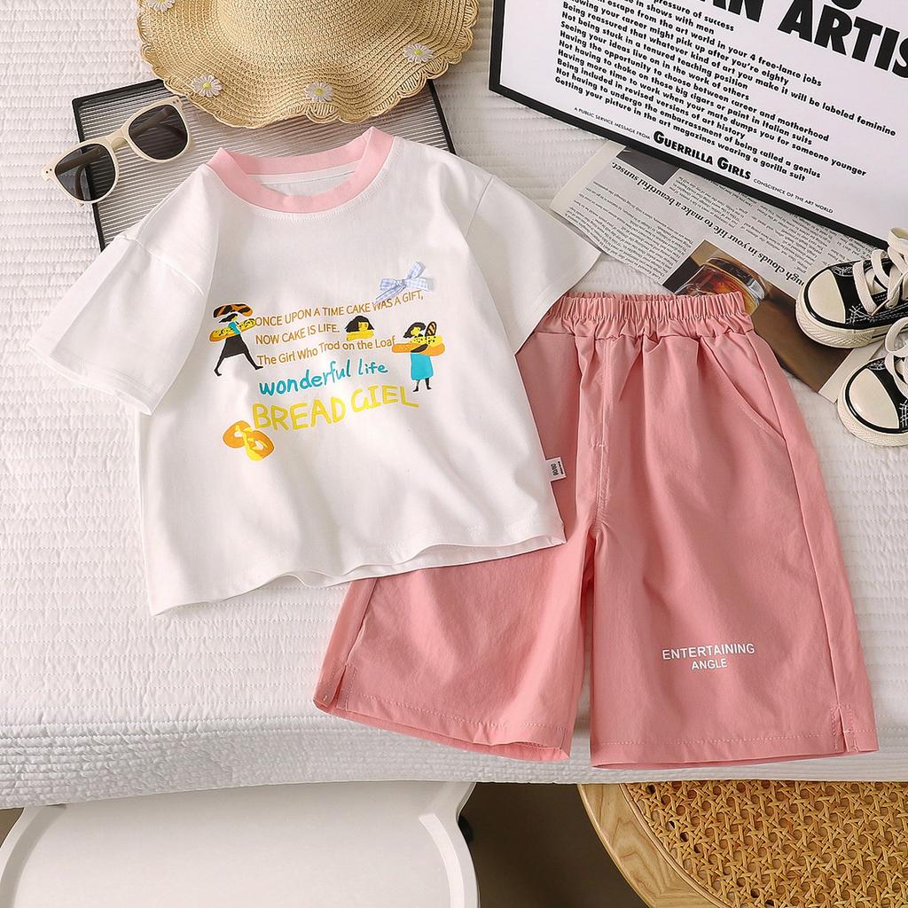 Girls Summer Fashion Cartoon Letter Print Loose Short Sleeve T Shirt Set Baby Casual Two Piece Outfit Kids Clothing