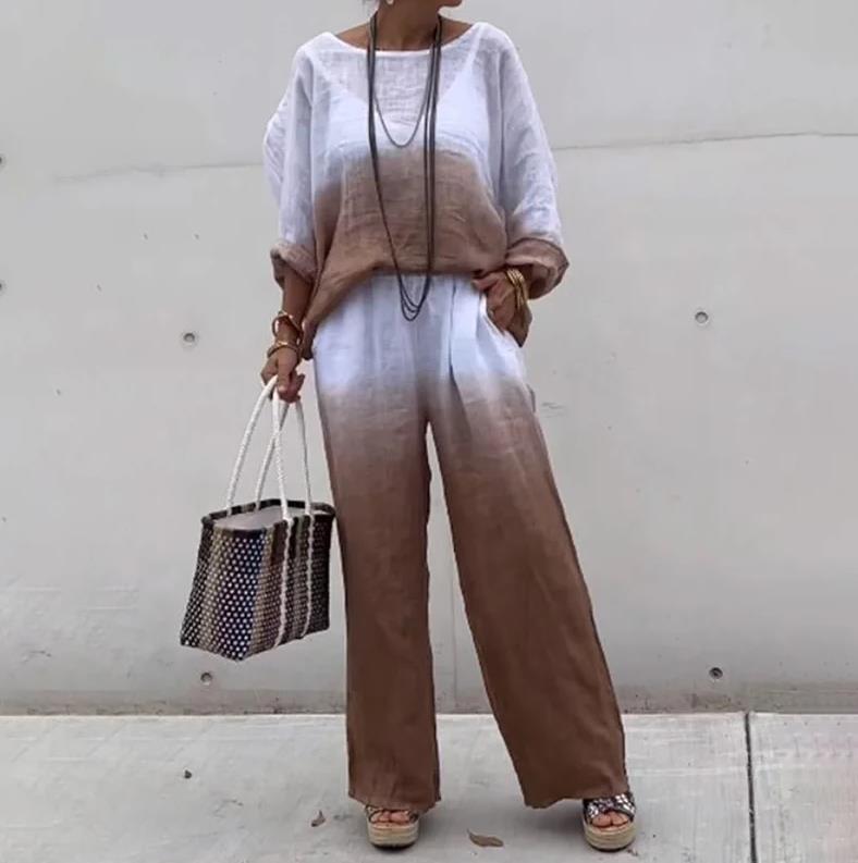 

Весенне-летний градиент цвета, хлопковый льняной женский костюм с длинными рукавами, повседневный свободный простой модный длинный брюки с карманами, женский комплект из двух предметов M