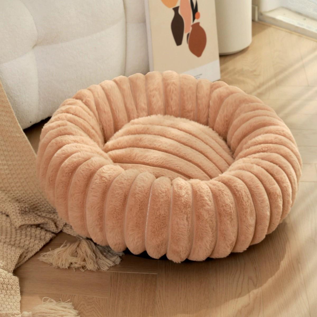 

Cross-border Heavy-duty Striped Rabbit Plush Cat & Dog Bed - Soft, Fluffy, Breathable, Warm, Round Pet Nest 40 cm Diameter хаки