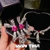 Court Dopamine Rouge Pink Bow Gemstone Necklace Haute Couture Jewelry, French Butterfly Flash Diamond Earrings Set