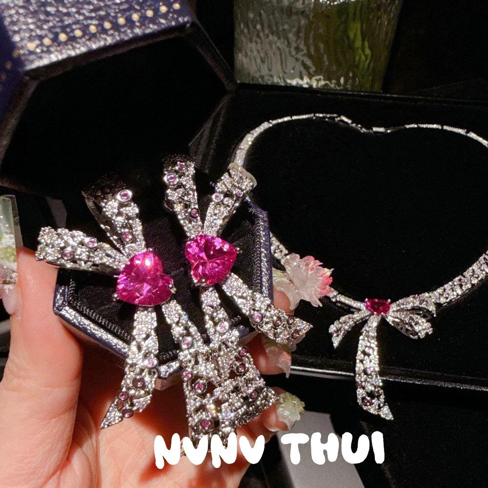 

Court Dopamine Rouge Pink Bow Gemstone Necklace Haute Couture Jewelry, French Butterfly Flash Diamond Earrings Set