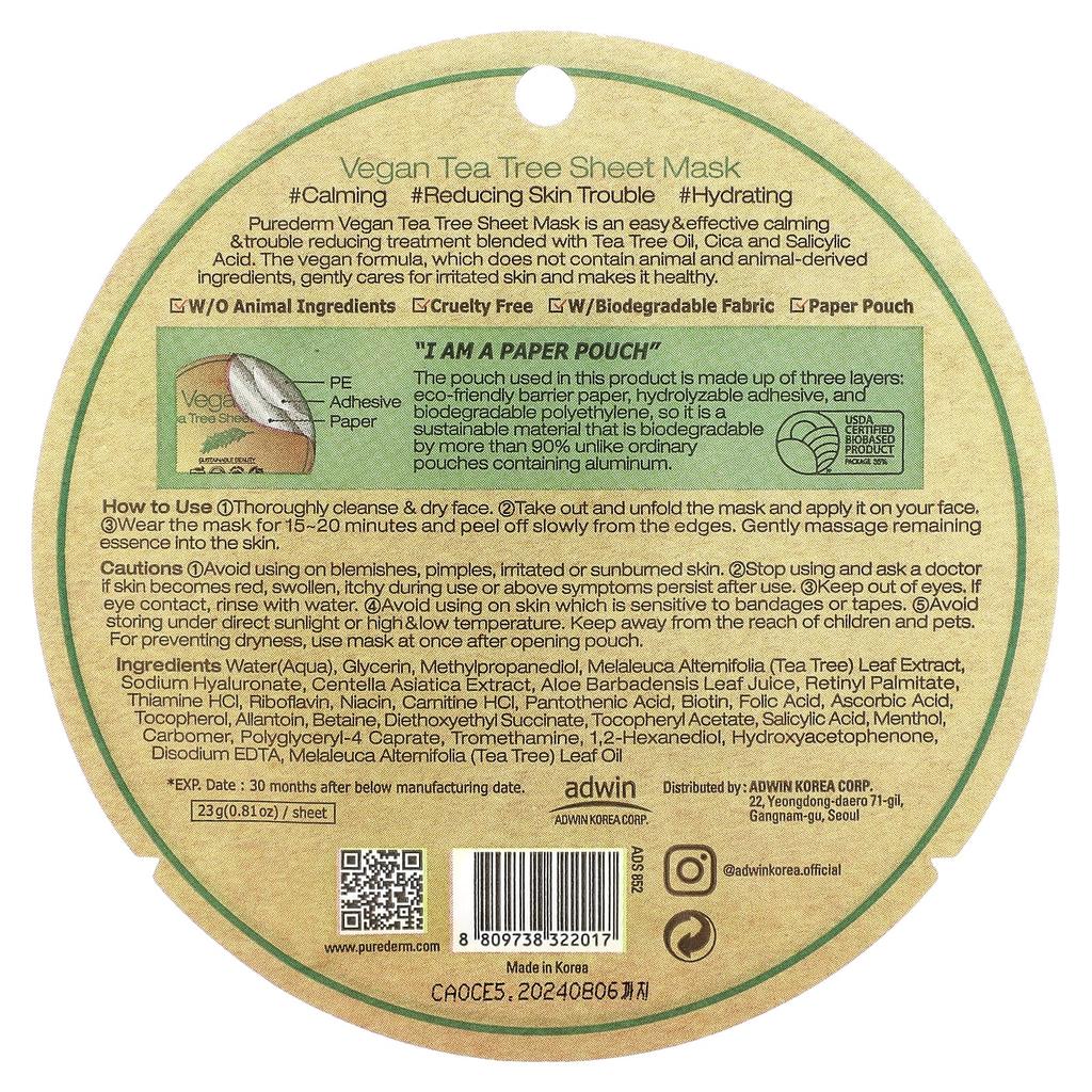 PUREDERM Vegan Tea Tree Sheet Beauty Mask, 1 Sheet Mask, 0.81 Oz (23 G)