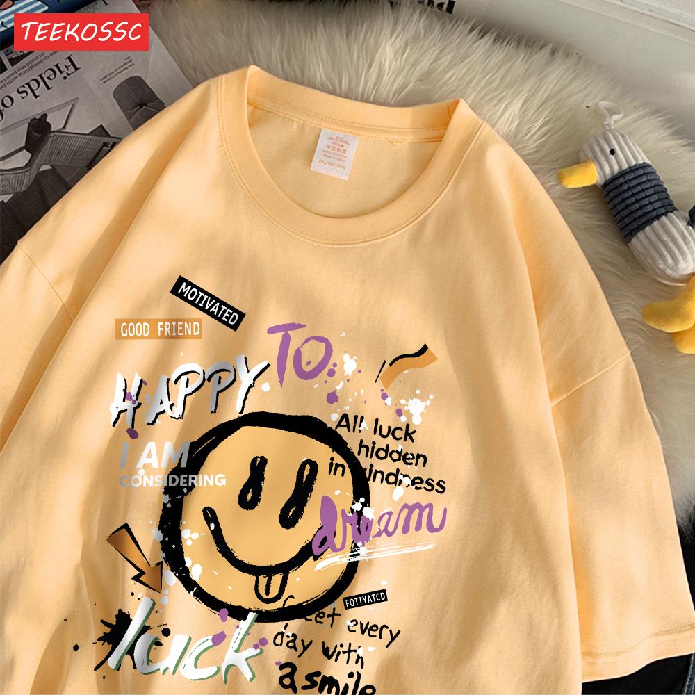 Summer Cotton Women TShirts Fun Graffiti Cute Smiling Face Prints Tees Breathable Loose ONeck Casual Street Female Clothes