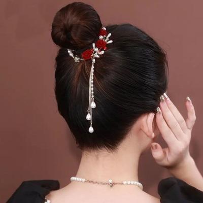 Lady Ponytail Claw Fake Rose Faux Pearl Long Tassel Chain Multi Teeth Stainless Hair Decoration Lightweight Bridal Hair Bun Hair Card Hair Bun