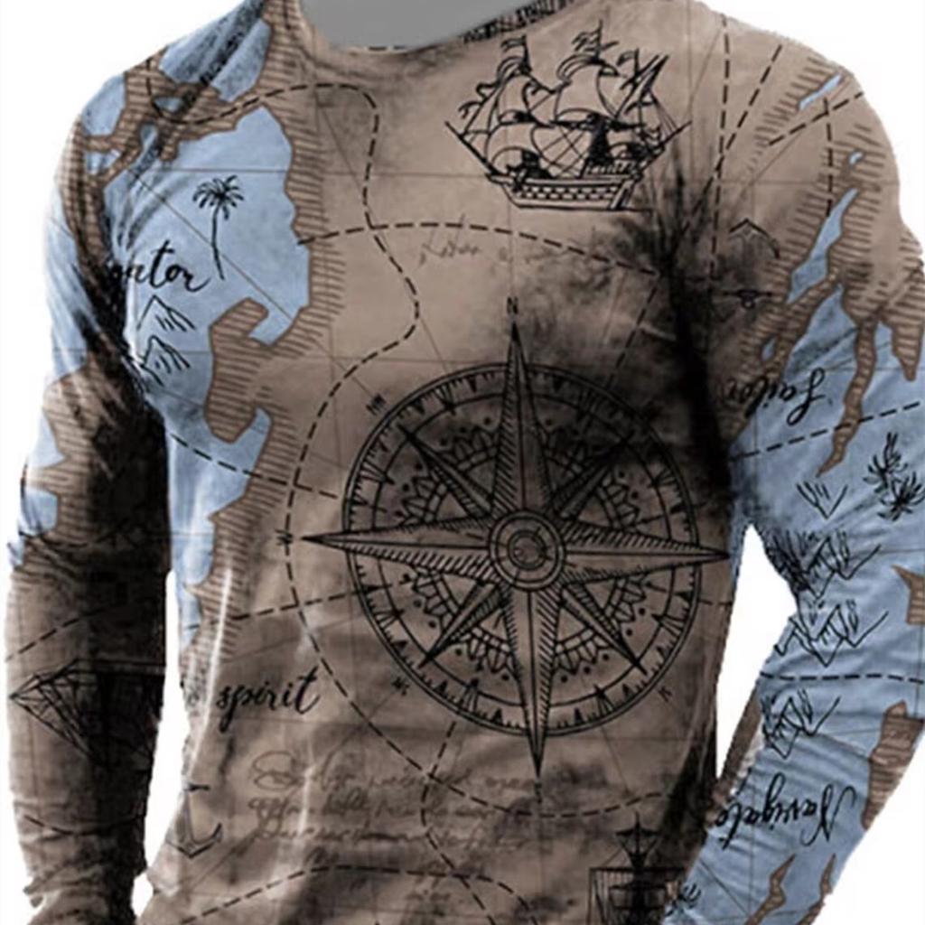 3D Homens Manga Longa Mapa do Mundo Lazer Esportes Fitness Retro Clássico Manga Longa Esportes ao Ar Livre T-Shirt Oversized Quente Manga Longa