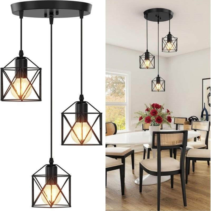 Vintage Pendant Lamp 3 head Hanging Lamp Ceiling Chandelier Metal Shade E27 Black, suitable for living room, dining room