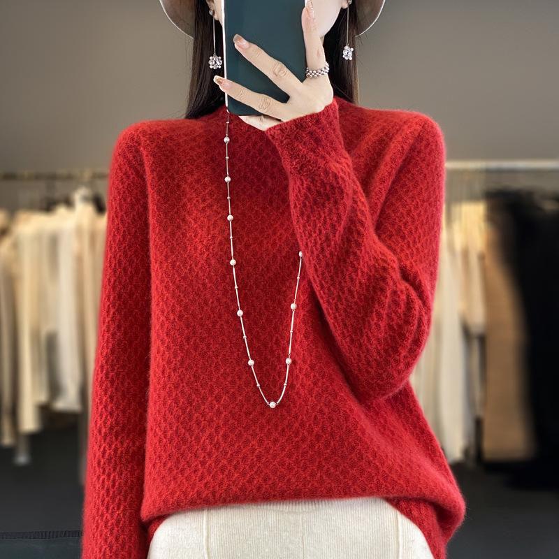 Шерстяной кашемировый свитер женский трехмерный ажурный круглый вырез джемпер вязаный свитер осенний модный топ XS красный