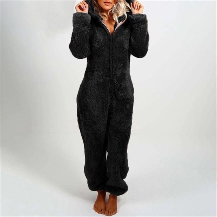 2025 European & American Autumn/Winter Women's Fleece-Lined Fur Jumpsuit Pajamas, Hooded, Available in 17 Colors