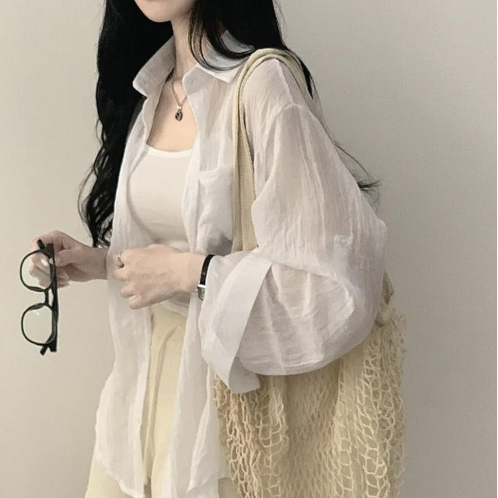 Summer Ice Cream Color Loose Long Sleeve Women's Shirt Sun Protection Folded Design Commute Style Thin Material Pure Color