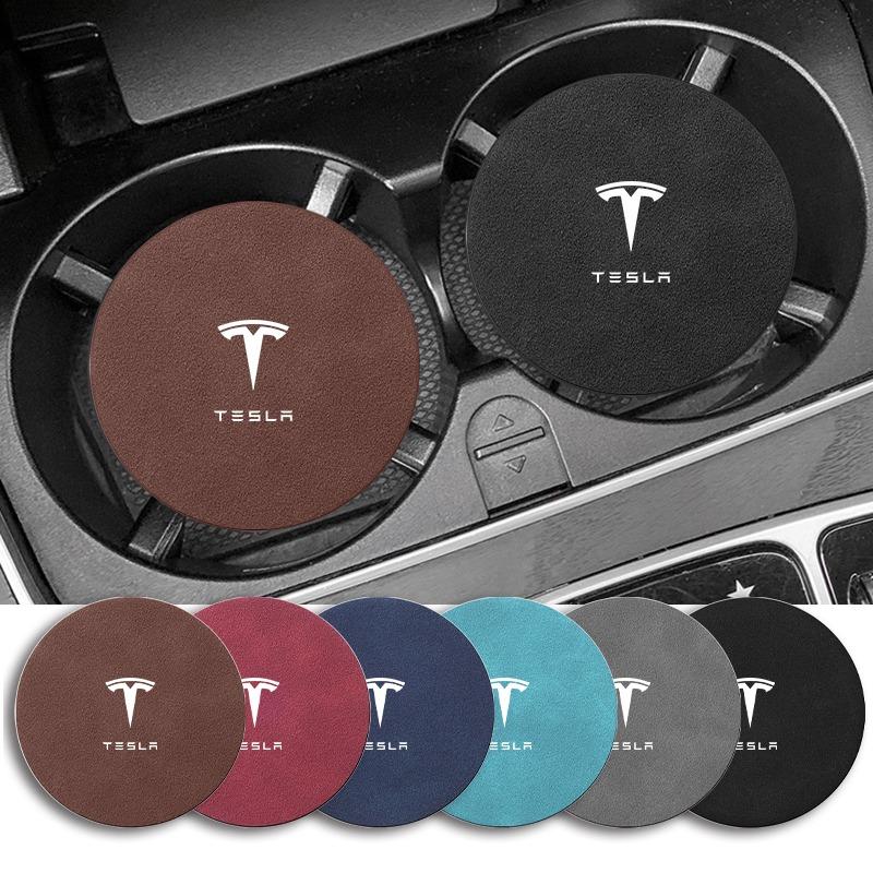 Leather Car Water Coaster Non-Slip Mat Car Bottle Holder Insert Pad For Tesla Model S Model X Model Y Cybertruck Model 3 Model Y