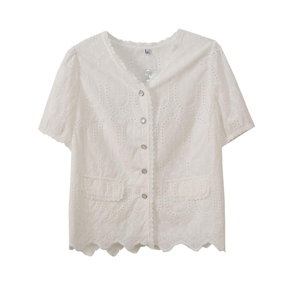 Large Size Women's Clothing Korean Gentle Temperament V-neck Shirt Summer New Sweet Short-sleeved Top 252551