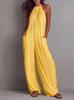 Women's Halter Neck Backless Wide Leg Jumpsuit Sleeveless Pleated Loose Fit Pockets Summer Vacation Outfit