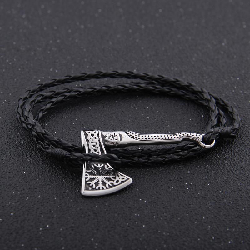 Viking Valknut Axe Leather Bracelet for Men Women Nordic Jewelry Gift with Wooden Box