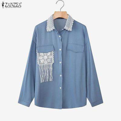 Camicetta Casual da Donna con Patchwork di Pizzo, Collo a Revers, Manica Lunga