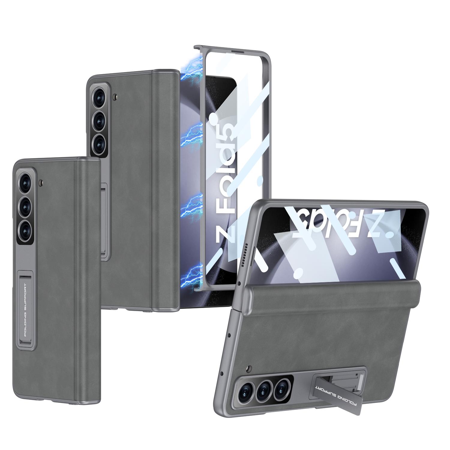 

GKK Phone Case for Samsung Galaxy Z Fold5 5G Cover Leather+PC Kickstand Shell with Front Screen Film Grey