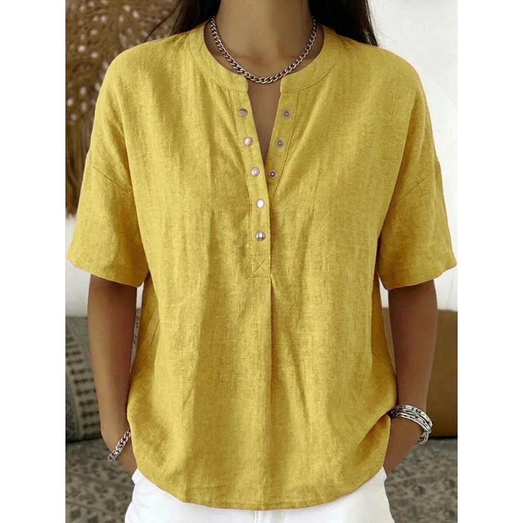 Women's Linen Blend Henley Neck Short Sleeve Casual Shirt