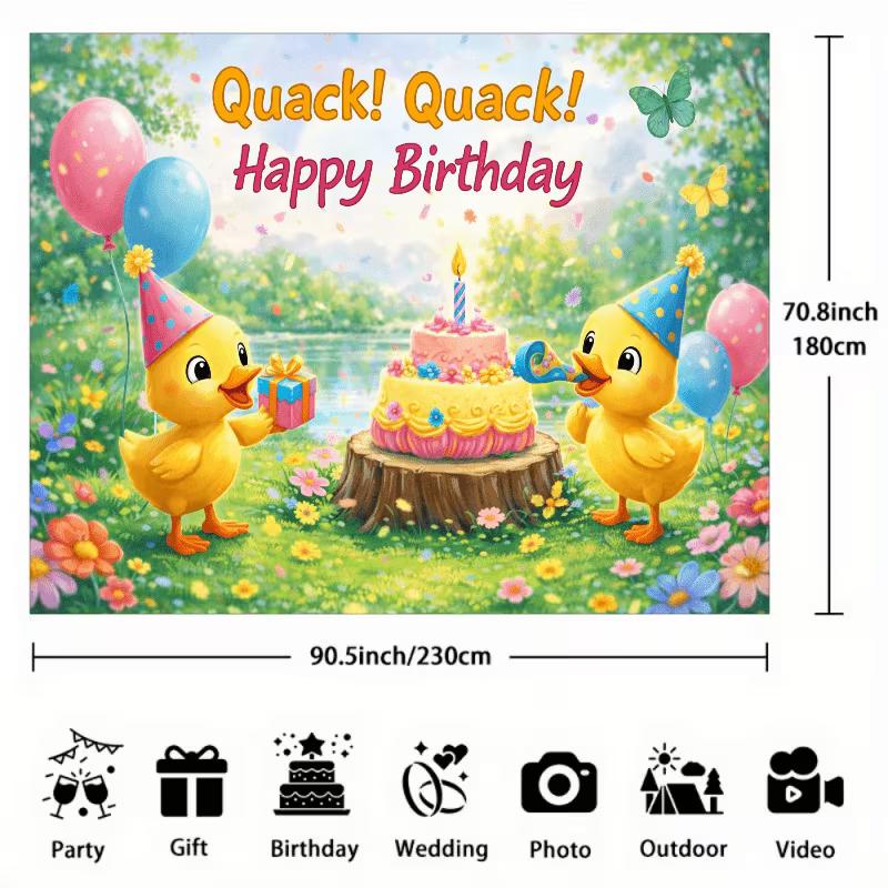 2D Zeichentrickente Kuchen & Geschenk Frühlingsgarten Geburtstag Fotografie Hintergrund