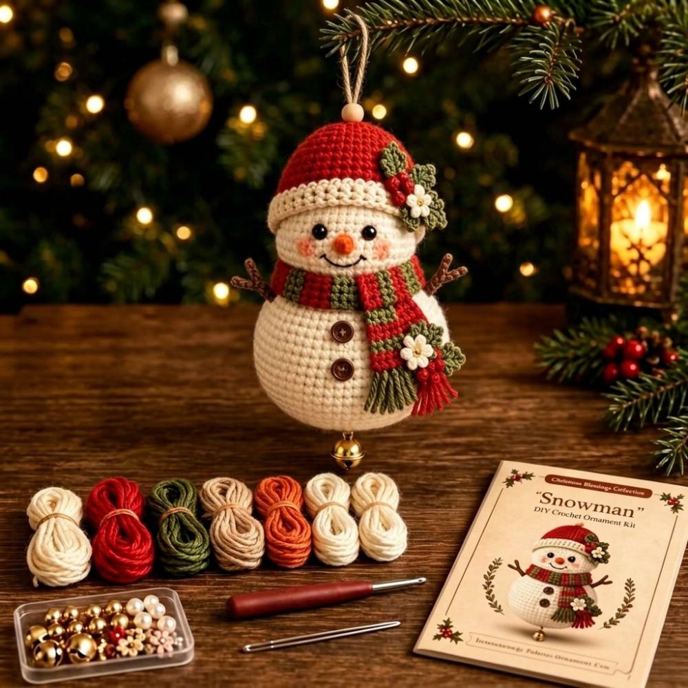Knitted Christmas Crochet Ornament Kit Handmade with Bell DIY Snowman Making Set Hand-Knit Tree Hanging Bird Crochet Supply Kit