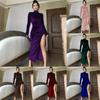 Elegant Velvet Long Dress With High Neck And Slit For Autumn Winter Wear