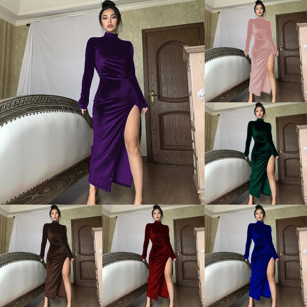 Elegant Velvet Long Dress With High Neck And Slit For Autumn Winter Wear