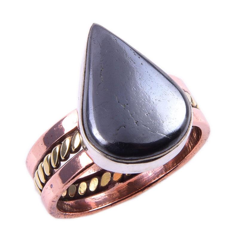 Natural Gunmetal Gemstone Handmade 925 Sterling Silver Two Tone Ring S.6.5 q0Z44