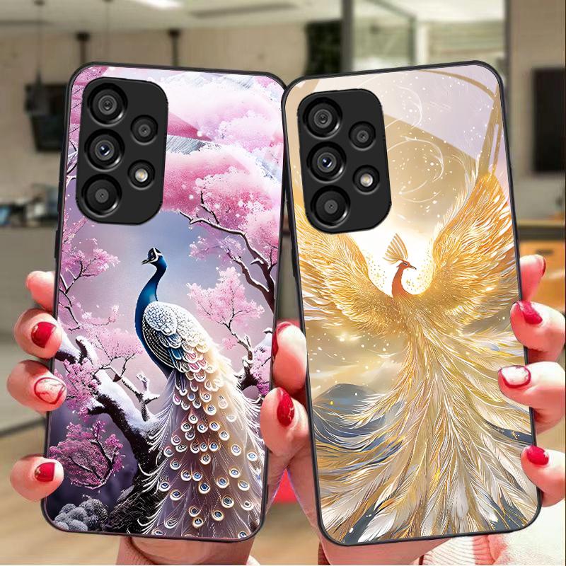 Goldener Phönix Für Samsung Galaxy S10 20 Plus 21 FE 22 23 24 FE 25 Ultra Schwarz Gehärtetes Glas Handyhülle Hartschale