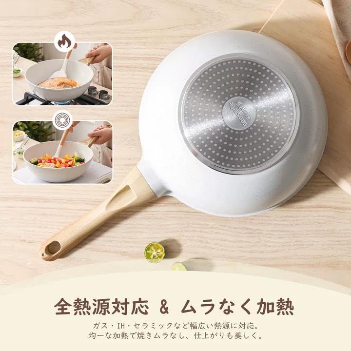 SENSARTE 26cm Wok, Marble Coated, with Lid, IH/Gas Compatible, Non-stick, Easy To Clean, High Heat Efficiency, Deep Frying Pan, One-Year Warranty, Whi