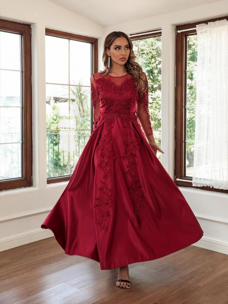 Elegante Abito da Sposa da Donna Paillettes Pizzo Scollo a V Maniche Lunghe Splendido per Damigelle d'Onore Feste Abiti da Ballo Lunghi