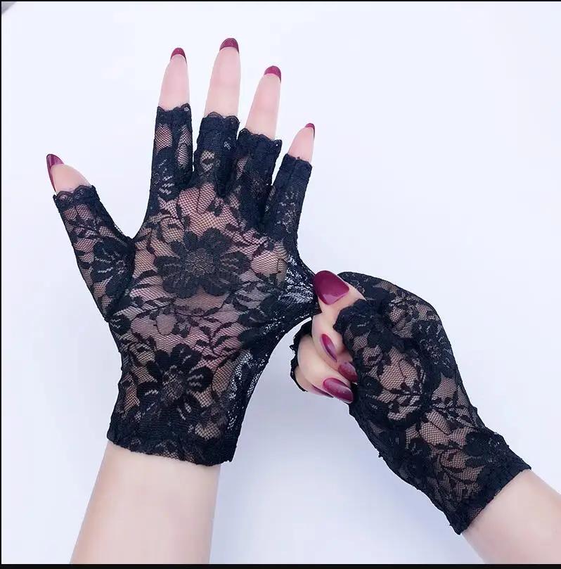 Hot Women Short Lace Half Finger Lace Sun Protection Gloves Fingerless Lace Wedding Decoration Gloves Fingerless Style
