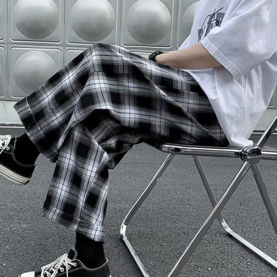 Men Pants Plaid Streetwear Wide Leg Elastic Waist Loose Sports Pants Trousers for Autumn