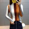 Women's Striped Color Block Slim Fit Knitted Sweater - Half High Neck, Short, New for 2025 Autumn/Winter