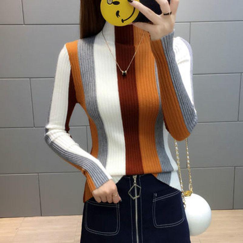 Women's Striped Color Block Slim Fit Knitted Sweater - Half High Neck, Short, New for 2025 Autumn/Winter