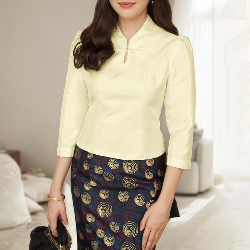 

ZANZEA Женская повседневная блузка с воротником-стойкой, однотонная, с рукавами 3/4, элегантная 2XL абрикосовый