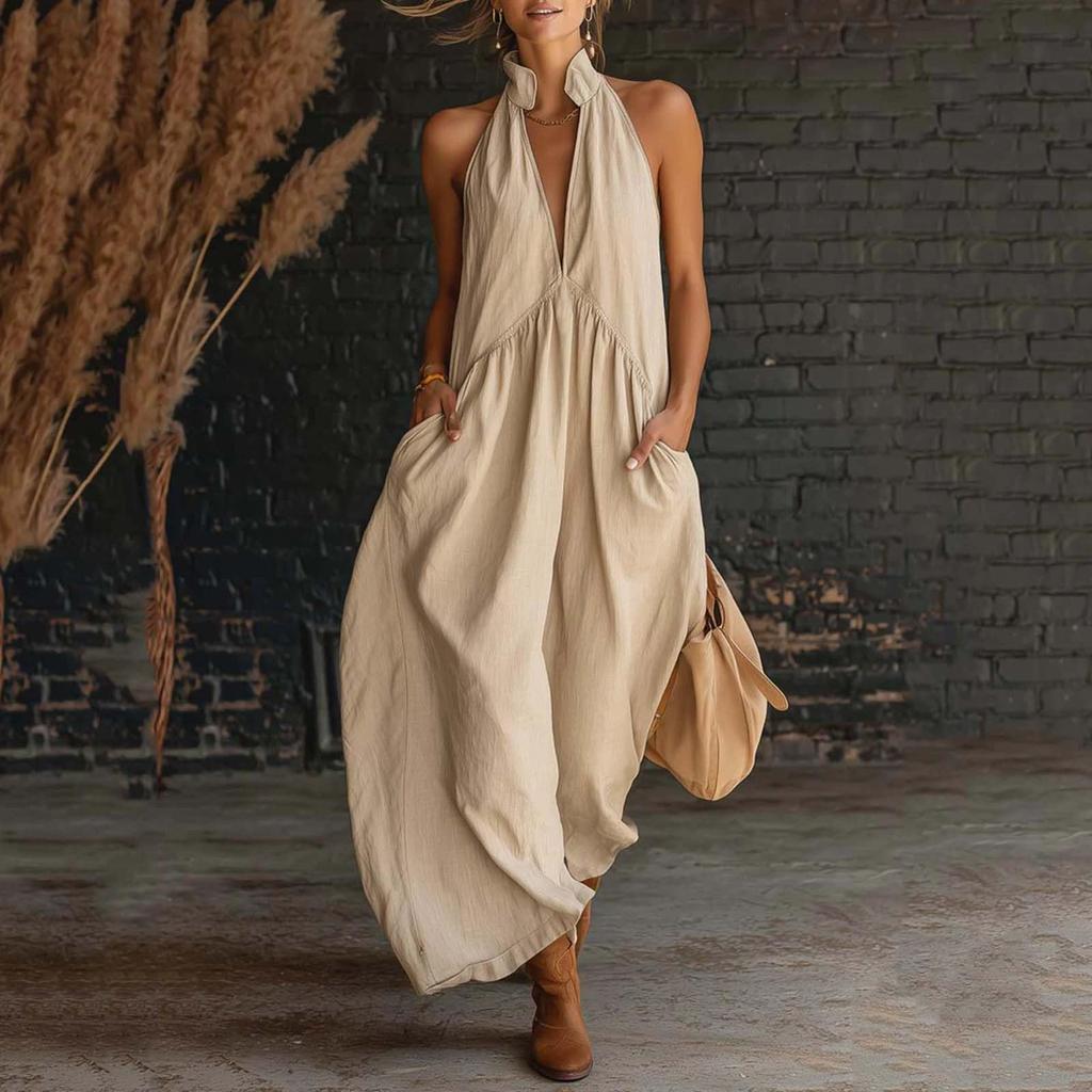 Women V Neck Sleeveless Maxi Dress Loose Fit Backless Casual Sundress with Pockets for Daily Wear Beach Vacation