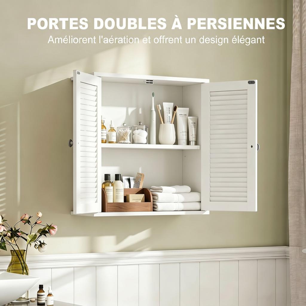 Bathroom Wall Cabinet, Hanging Storage Unit, 2 Louvered Doors, Adjustable Shelf, White