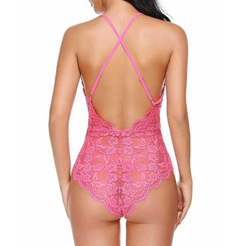 Sexy Women Bodysuits Lace Sling Perspective Lingerie Deep V-Neck Bodysuit