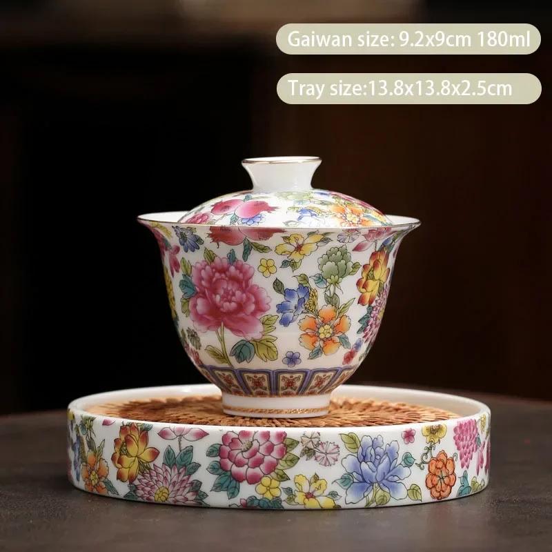 Chinese Enamel Color Ceramic Gaiwan Pot Bearing Handmade Flowers Porcelain Tea Bowl Teacup Household Tea Infuser Travel Teaware