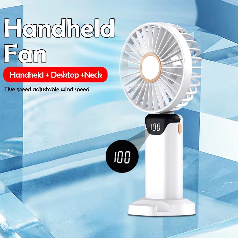Handheld Mini Foldable Fan with Lanyard 5-speed Adjustable Wind Phone Stand High Speed Desktop Fan Rechargeable Hangin Neck Fans