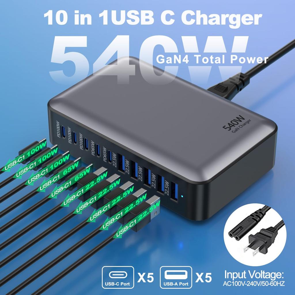 540W GaN High Power Multi-Port Fast Charger Multiple Charging Station for Iphone, for MacBook, for Samsung Etc