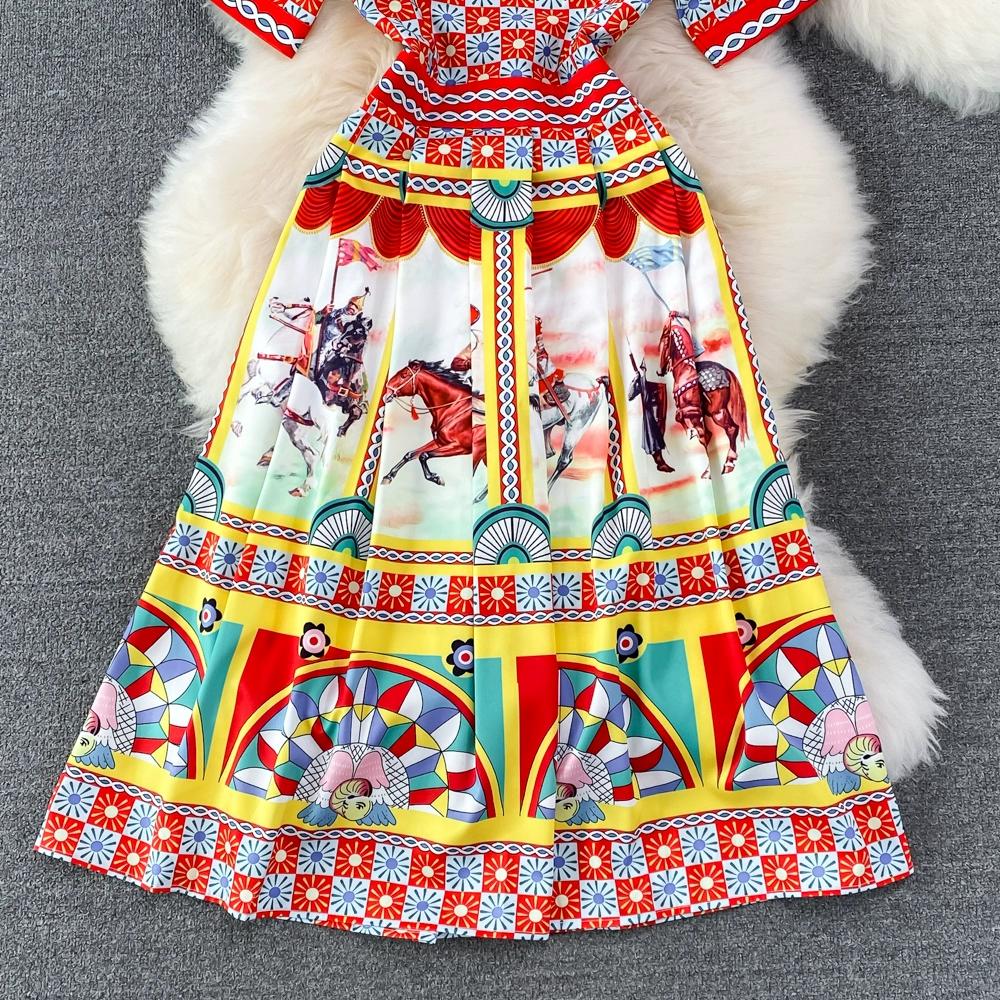 Summer Women Vintage Print Designer Runway Dresses Fashion Long Midi Party Shirt Dress