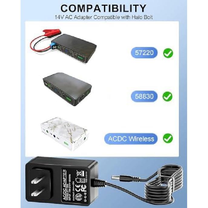 WUKUR 14V Charger Cord For Halo Bolt 57720, 58830 Bolt ACDC Wireless, Car Jump Stater Air Compact Portable Car Jump Starter Emergency Kit Replacement