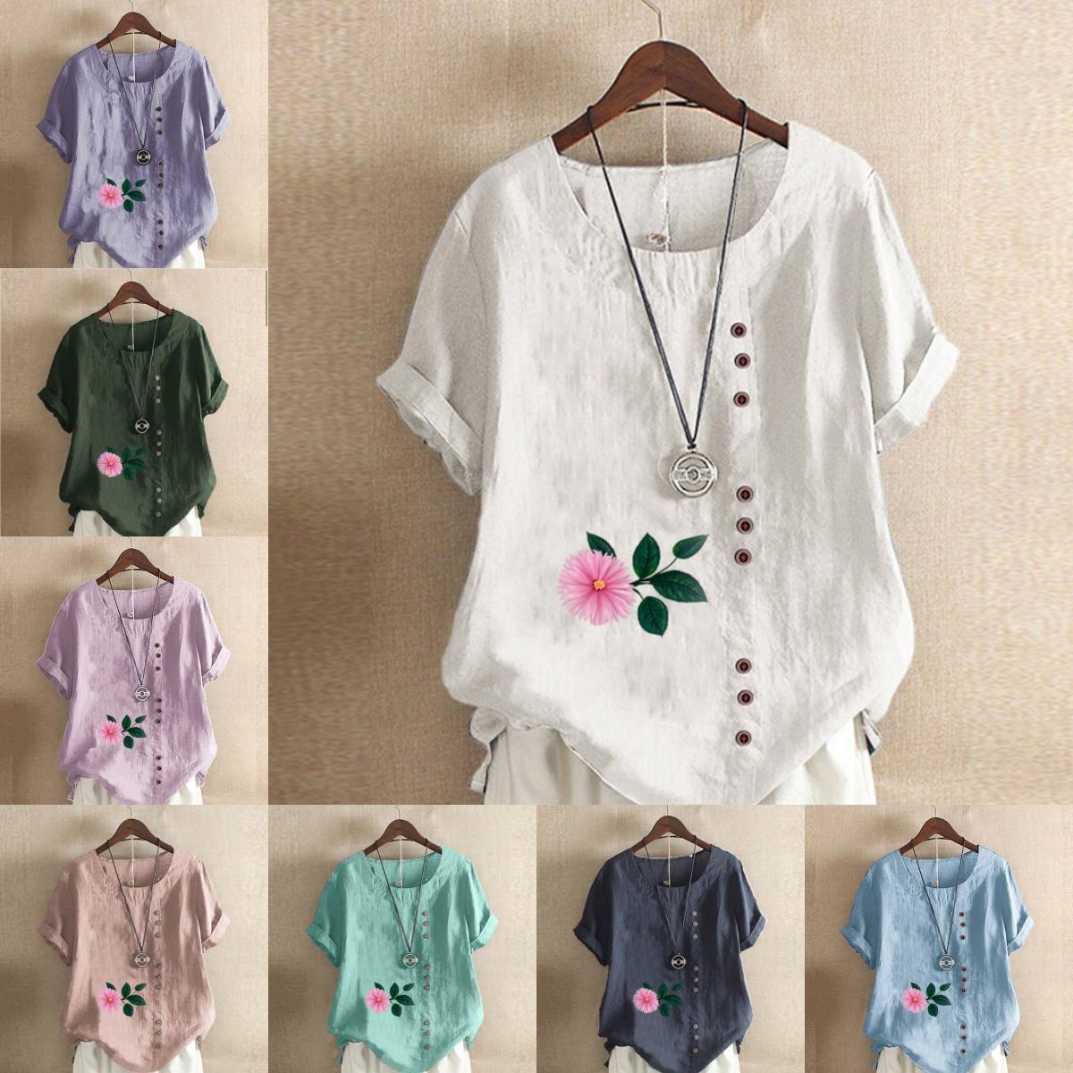 

Жіноча нова модна лляна сорочка з круглим вирізом і коротким рукавом з квітковим принтом Літня жіноча повсякденна блузка-топи 5XL зелений