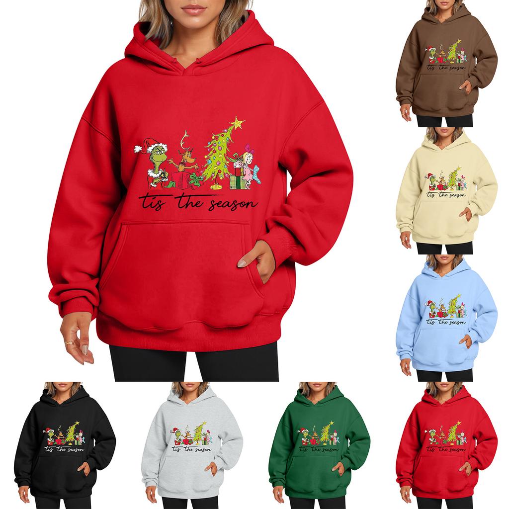 Ladies' Christmas Style Printed Hoodie With Wool And Pockets For Women