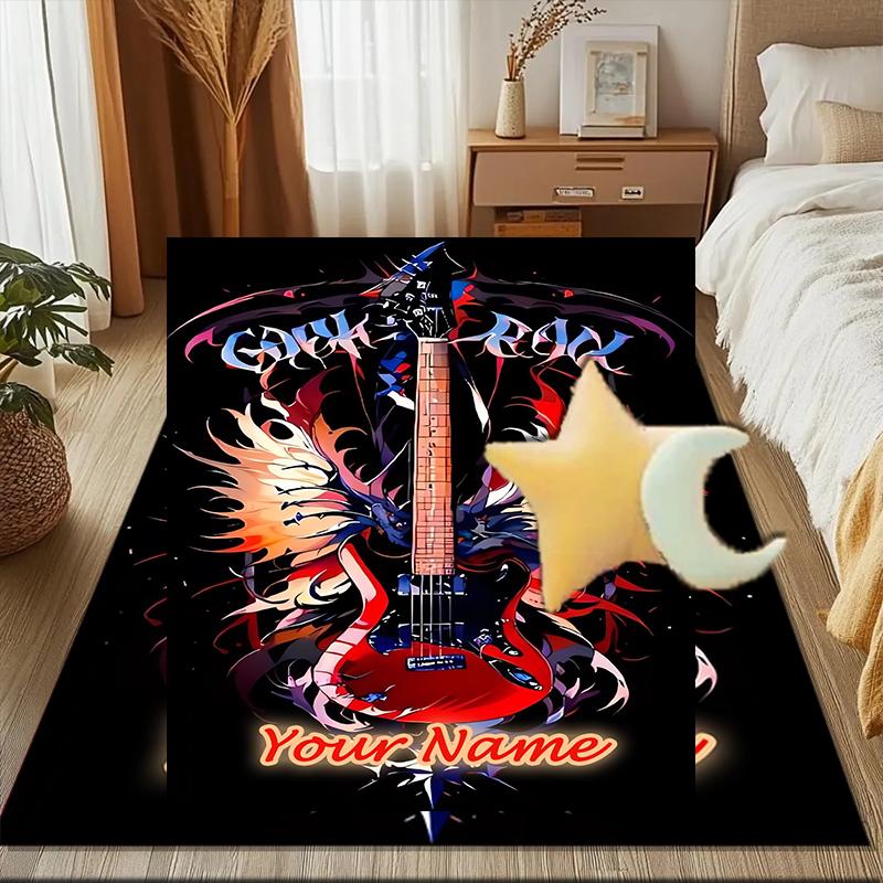 1PC Custom Name Guitar Art Fire Wings Theme Floor Mat Ideal for Living Room, Game Rooms, Office, Bedroom Floor Mat Playful Design