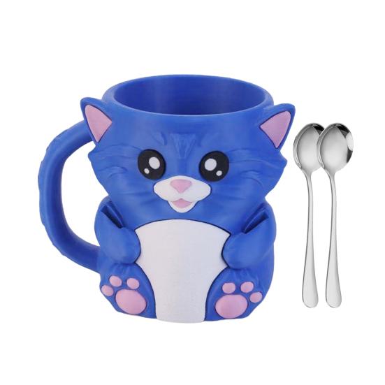 Blue Cat Ice Cream Cup Holder for 16 Oz Pints Ice Cream Cooler Container with Built-In Snack Drawer And Matching Spoon Comfortable Grip Soda Cup Gifts