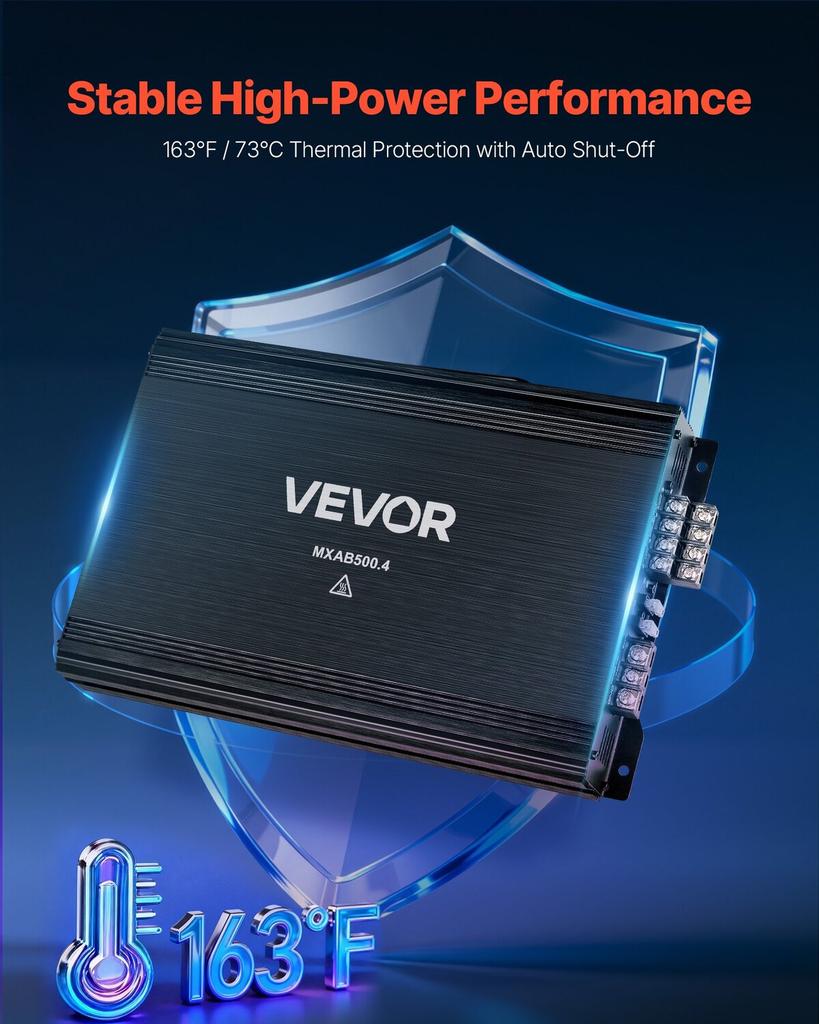 Car Audio Amplifier, 4-Channel Bridgeable Car Amplifier, Multichannel Class AB Stereo Amp, Max. 4 x 250W at 4 Ohms / 4 x 500W at 2 Ohms, High Output,